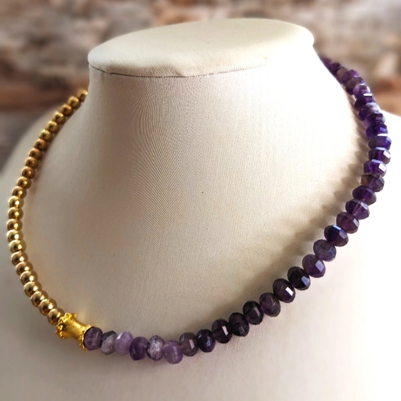 Natural Purple Amethyst Beads With Gold Beads In Half And Half Choker/Necklace - Picture 2 of 9